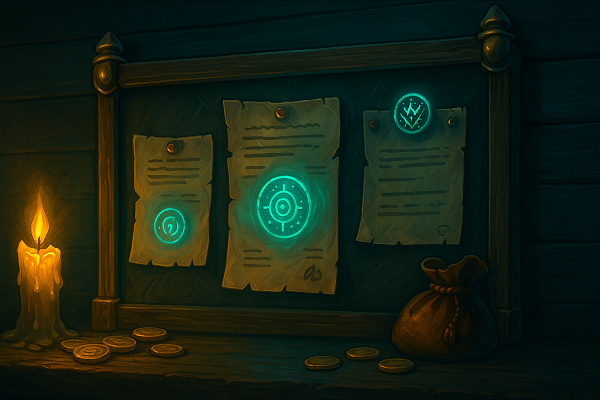 Guild job board glowing with teal runes